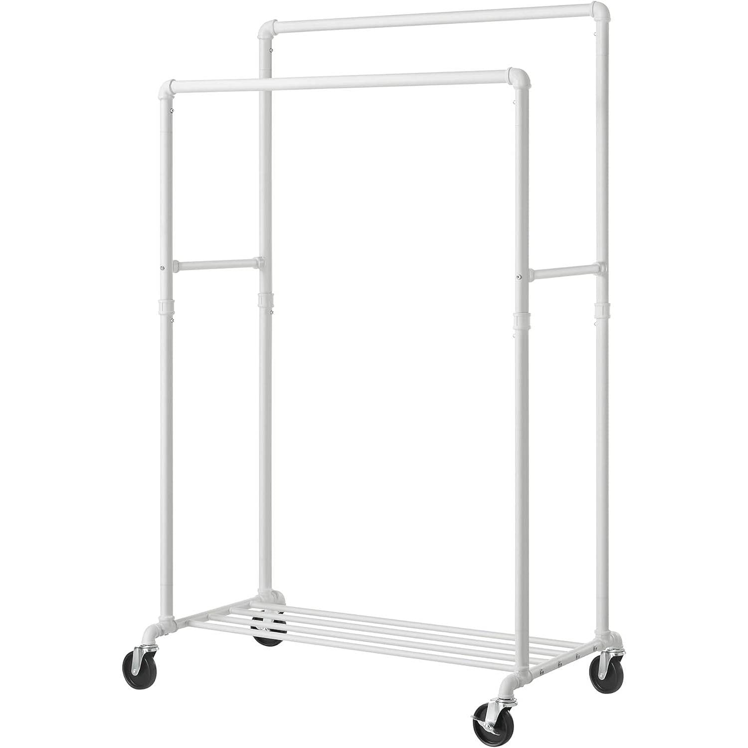 Heavy Duty White Pipe Double-Rod Garment Clothes Rack with Locking Wheels - Free Shipping 
