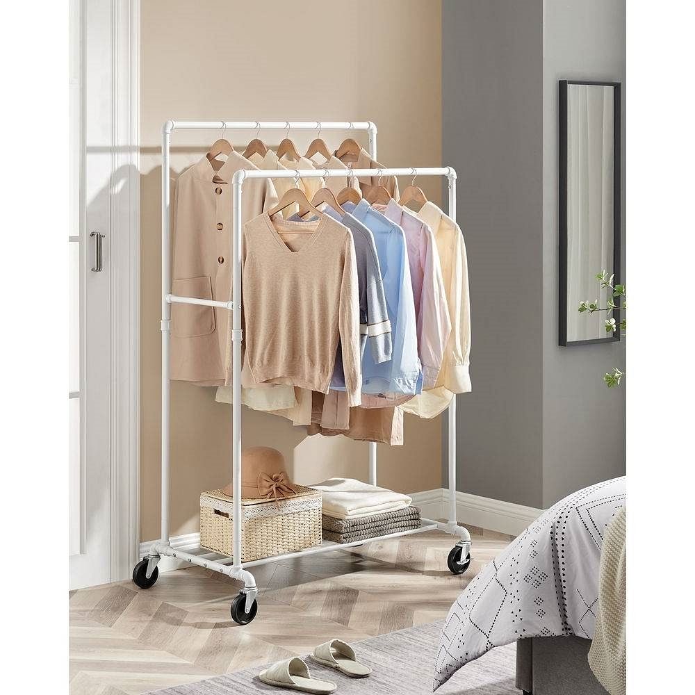 Heavy Duty White Pipe Double-Rod Garment Clothes Rack with Locking Wheels - Free Shipping 