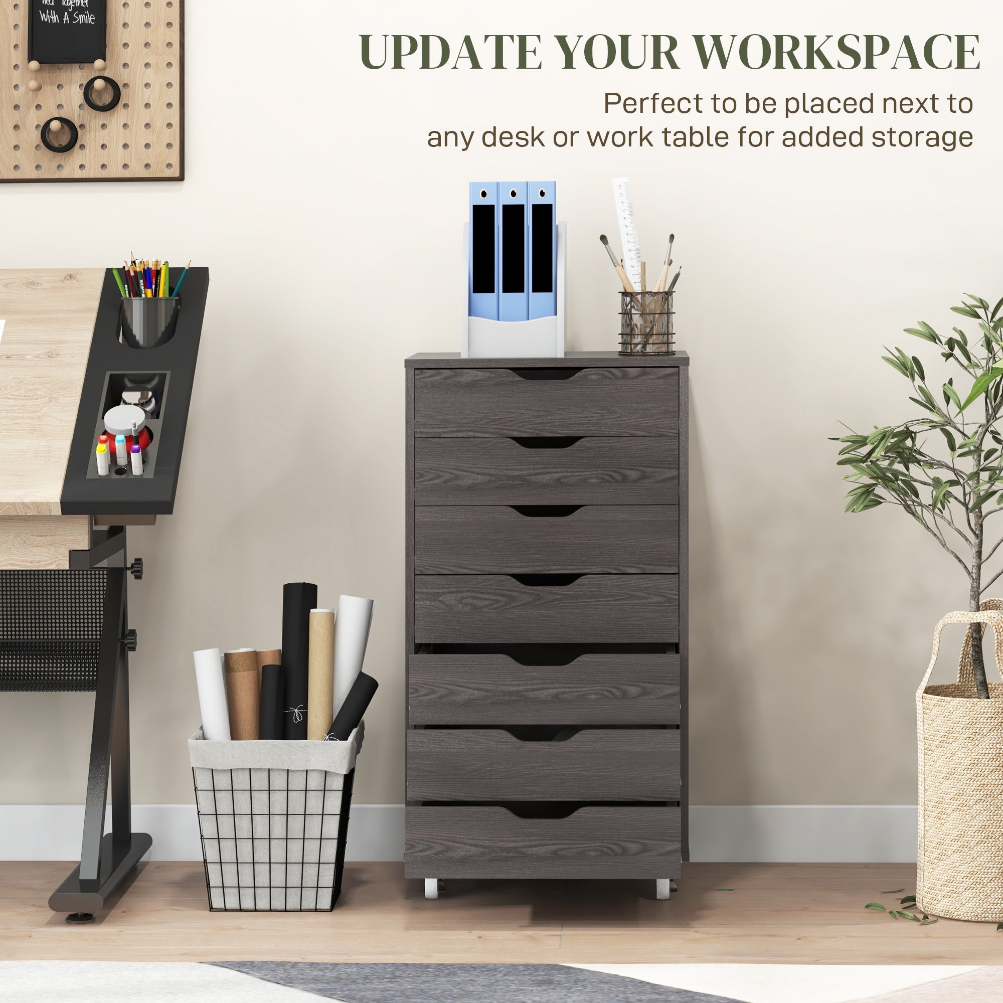 Vinsetto 7-drawer Vertical File Cabinet for Home Office, Storage Cabinet with Wheels, 18.7"x15.6"x35.4", Grey Wood Grain 
