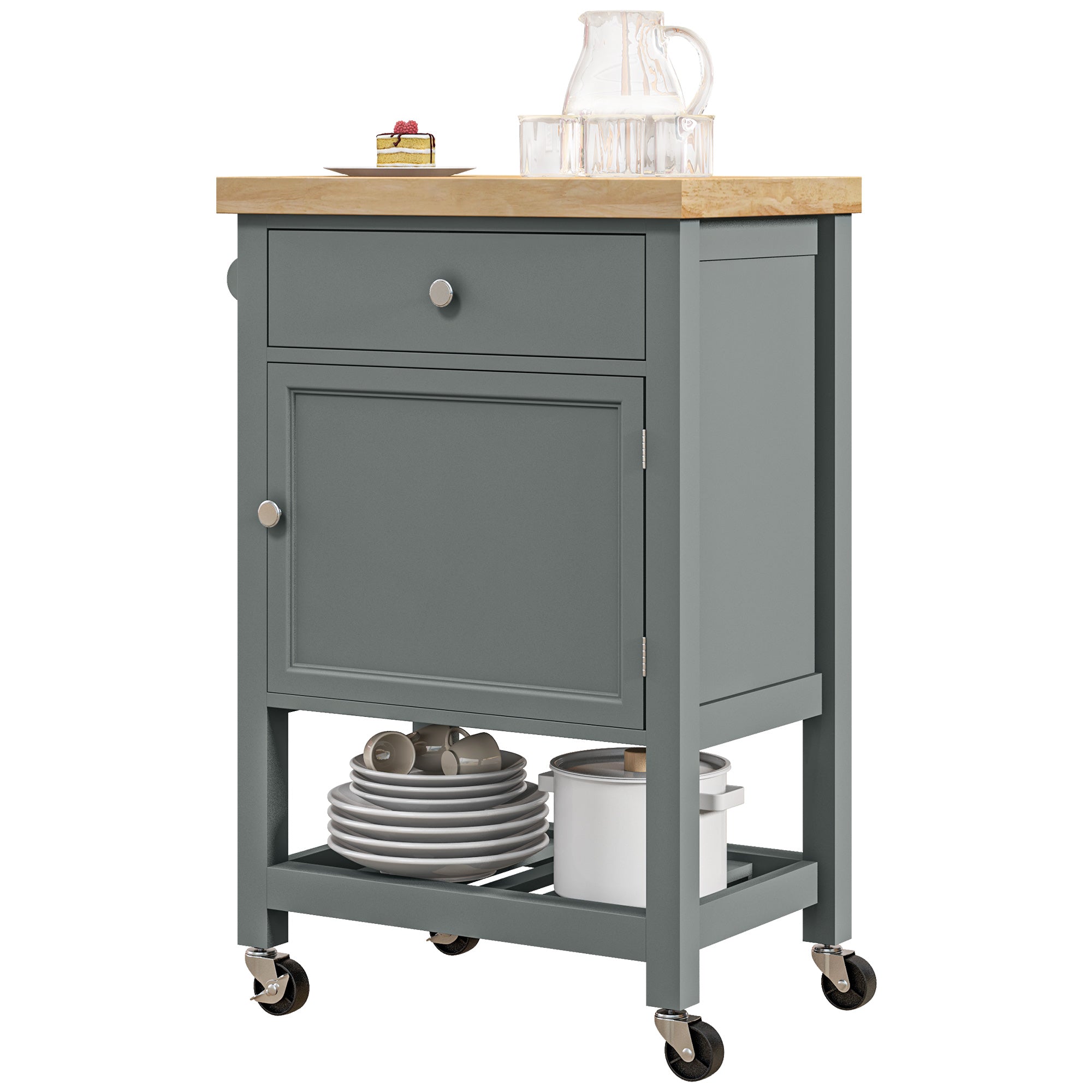 HOMCOM Kitchen Cart on Wheels, Rolling Kitchen Island Cart with Wood Top, Towel Rack, Drawer and Shelf for Dining Area, Grey 