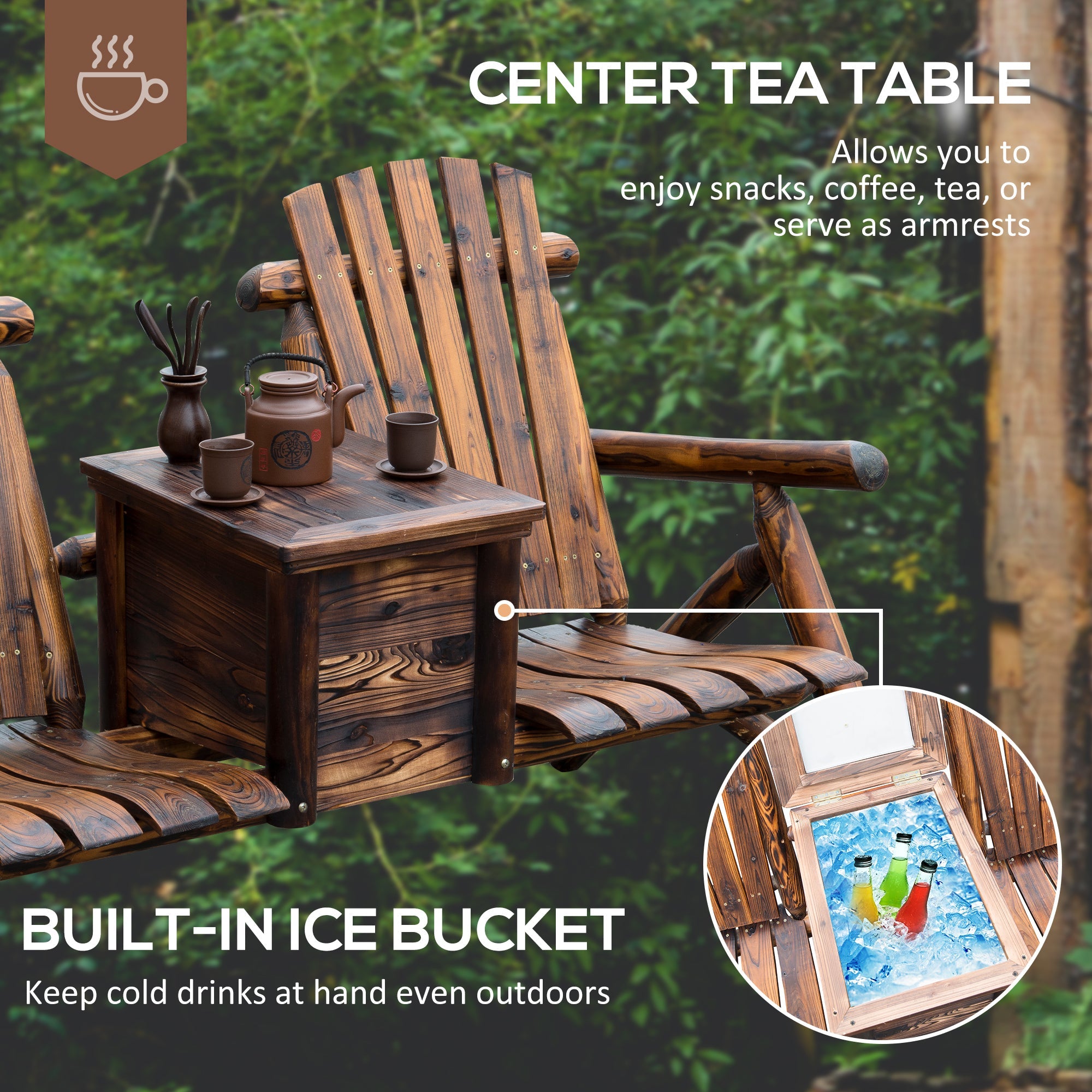 Outsunny 64" Wooden Adirondack Double Garden Bench 2-Seater Loveseat with Ice Bucket Rustic Brown for Patio Yard 