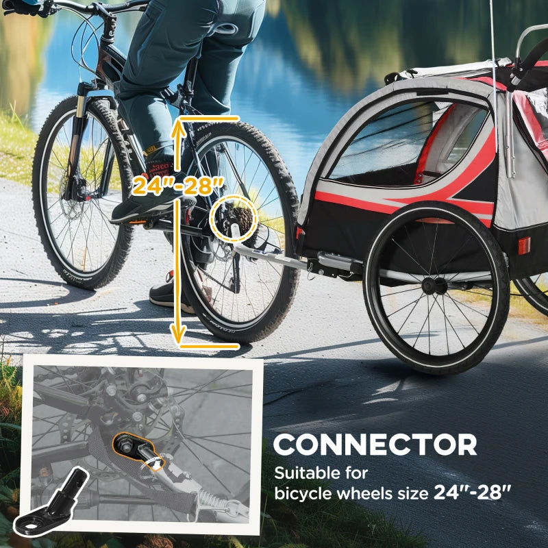 Aosom 3-in-1 Bike Trailer for Kids, Running Stroller with 2 Seats, Jogging Cart with 5-Point Harness, Storage Units, Red