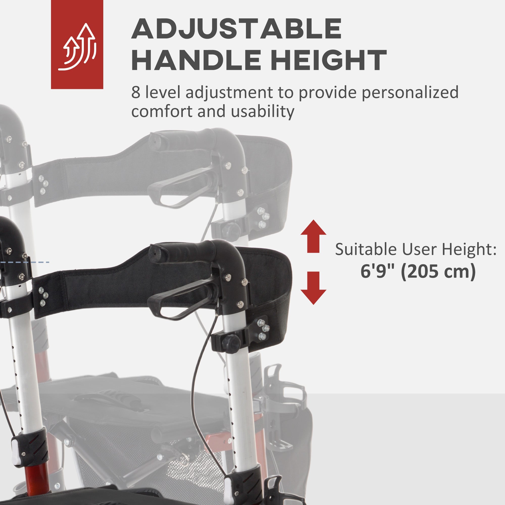 HOMCOM Lightweight Folding Rolling Walker with Large Seat, Back, Adjustable Handle, Bag, Dual Brake, Cane Holder, Red 