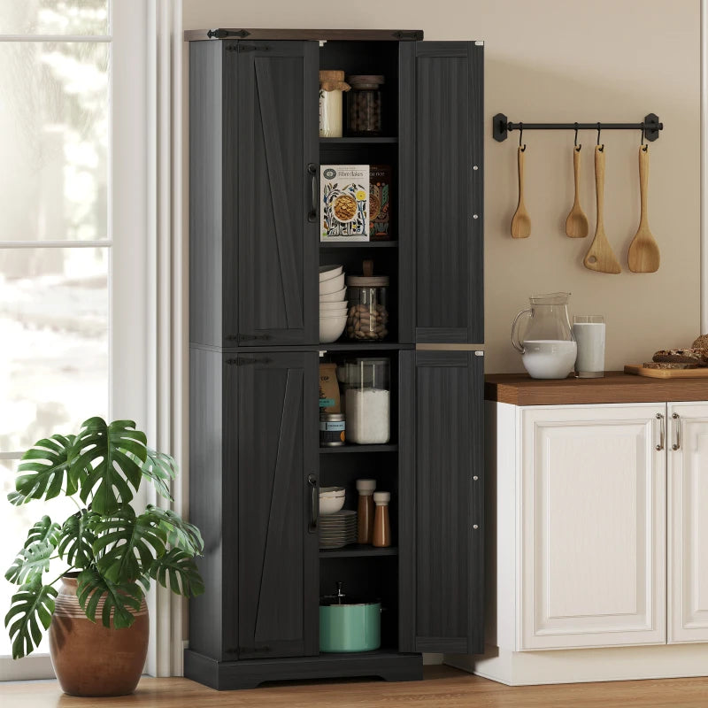 72" Pantry Cabinet, Farmhouse Freestanding Kitchen Storage Cabinet with Adjustable Shelves for Dining Room, Black