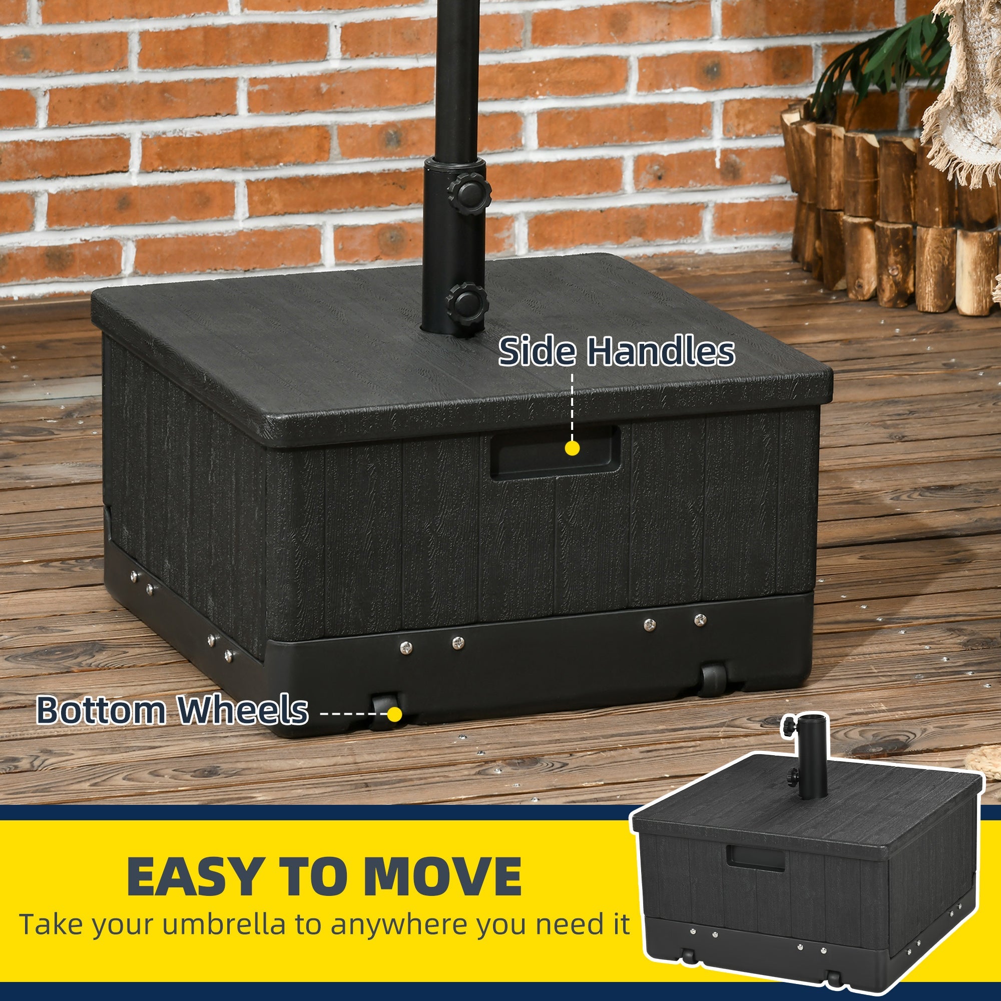 Outsunny 3-in-1 Patio Umbrella Base with Wheels, Side Table & Planter, 175lbs, Heavy-Duty, Black 