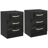 Bedside Table Set of 2, Modern Nightstand with Drawers and High Gloss Fronts, Night Table for Bedroom, Black