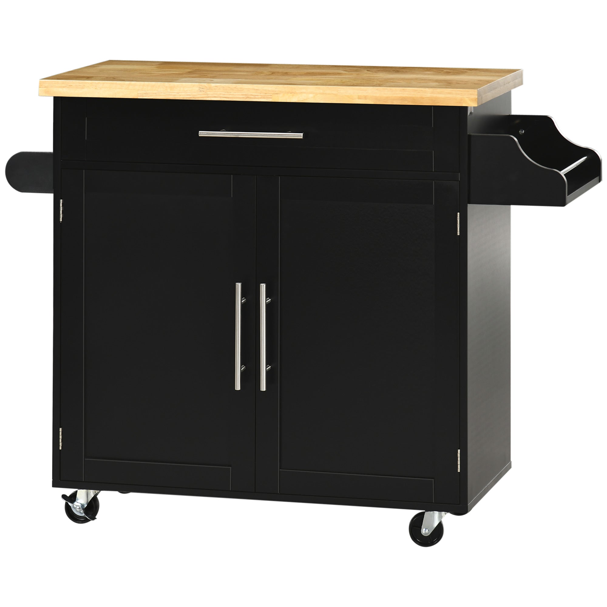 HOMCOM Kitchen Island with Storage, Rolling Cart Trolley with Rubberwood Top, Adjustable Shelf, Drawer, Spice Rack, Black 