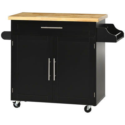 HOMCOM Kitchen Island with Storage, Rolling Cart Trolley with Rubberwood Top, Adjustable Shelf, Drawer, Spice Rack, Black 