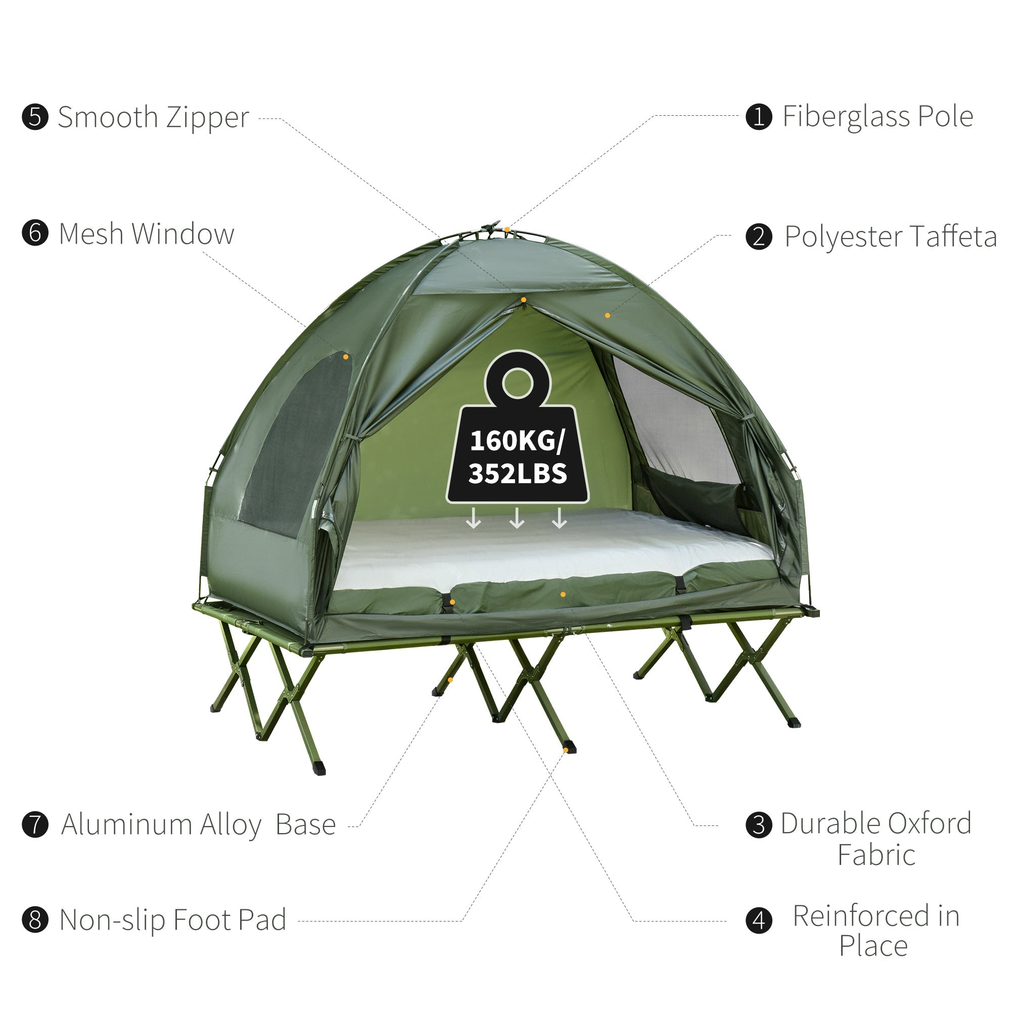 Outsunny Camping Combo Set All in 1 Portable Folding Tent Cot Air Mattress Carry Bag Pump Sleeping Shelter Dark Green 