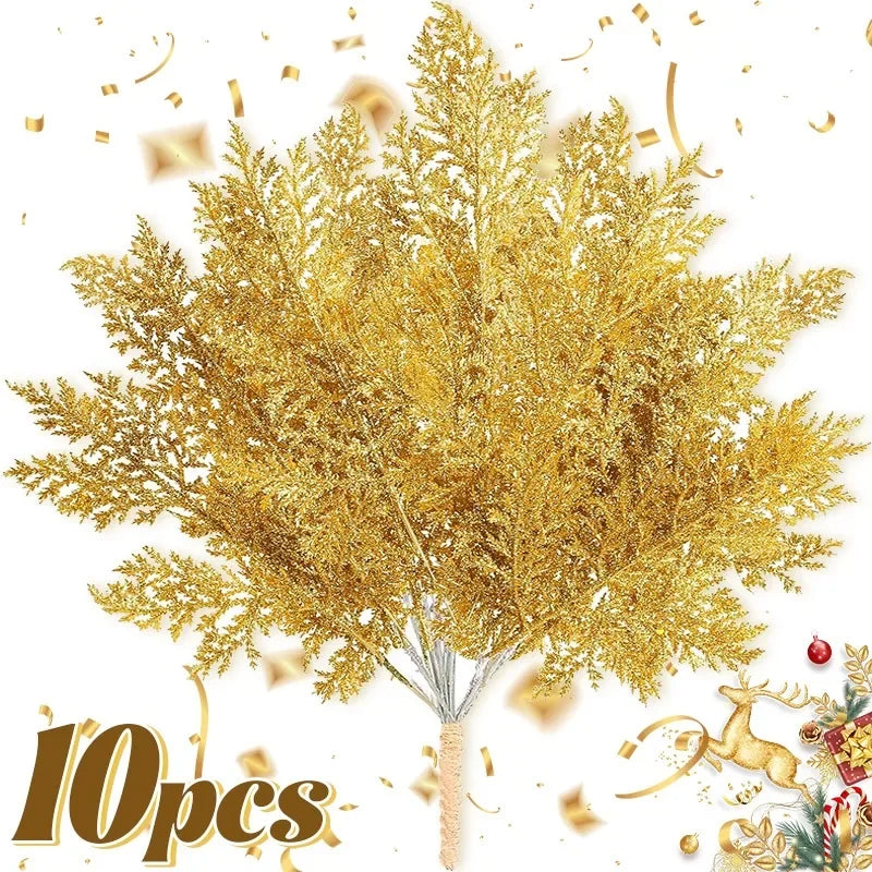 1-10pcs Artificial Pine Branches Xmas Tree Ornaments Glitter Gold Sequin Leaves Fake Plants Christmas Party Home Decor Supplies 