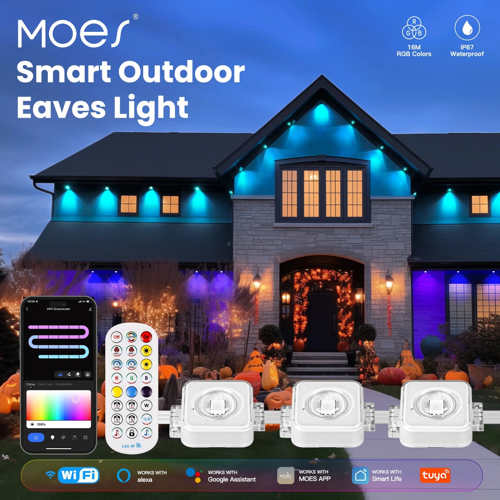 MOES Tuya WiFi Smart Eaves String LED Lights Outdoor IP67 Waterproof 1600 Million RGB Color RF Remote Control Alexa Google Home 