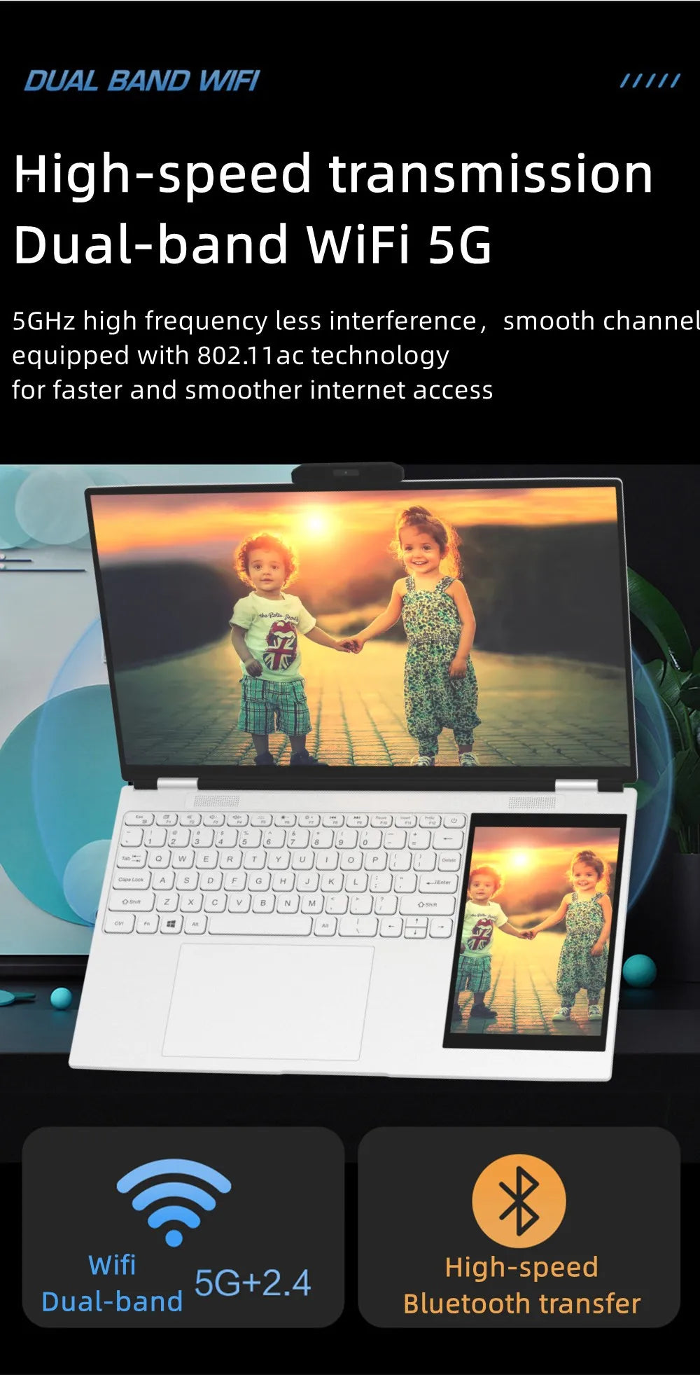 15.6-Inch IPS 2K Dual-Screen Laptop – 7-Inch IPS Touch Screen, Intel N95, 256GB Storage, 4 Cores/4 Threads, 3.4GHz