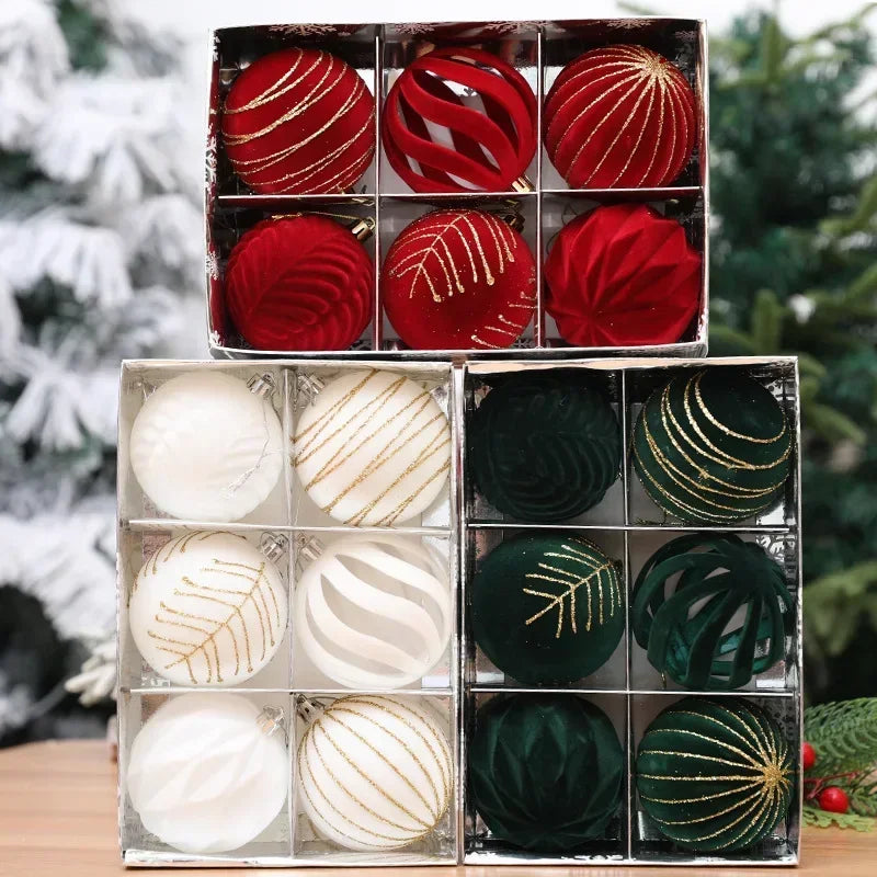 6/12pcs 8cm Wine Red Christmas Ball Ornaments Dark Green Christmas Tree Decoration New Christmas Spheres Pendant Velvet Balls