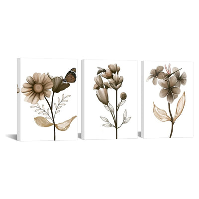 3-Piece Set Flower Canvas Wall Art – Framed Brown Flower Painting Art Prints, Transparent Flowers, and Butter 