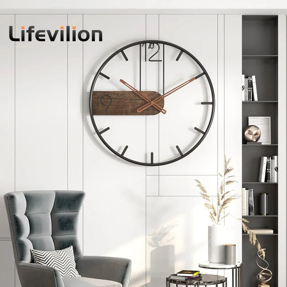Iron Wall Clock - 3D Nordic Metal Round, Large Size Walnut Pointer Modern Wall Watch for Living Room Decor 