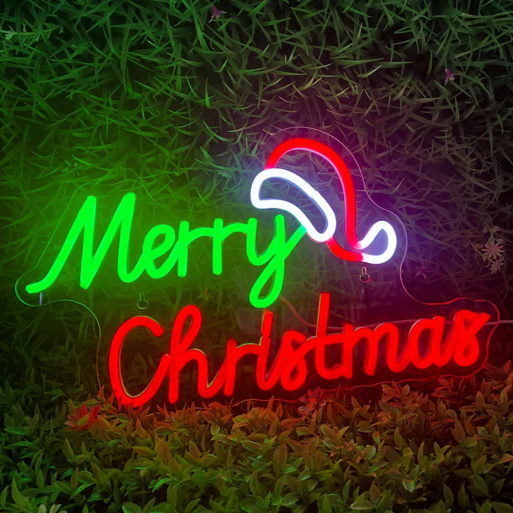 Merry Christmas Neon Sign Christmas Hat LED Sign Light Art Night Light for Party Kids Bedroom Bar Pub Club Christmas Decor Neon