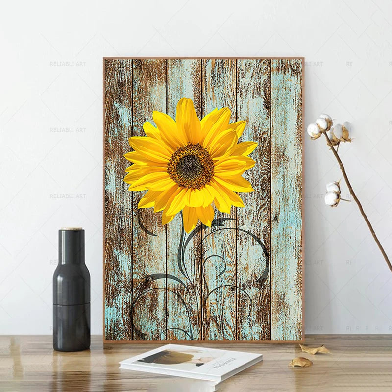 Sunflower on Wood Board Canvas Print - Modern Wall Art for Living Room Decoration (No Frame)