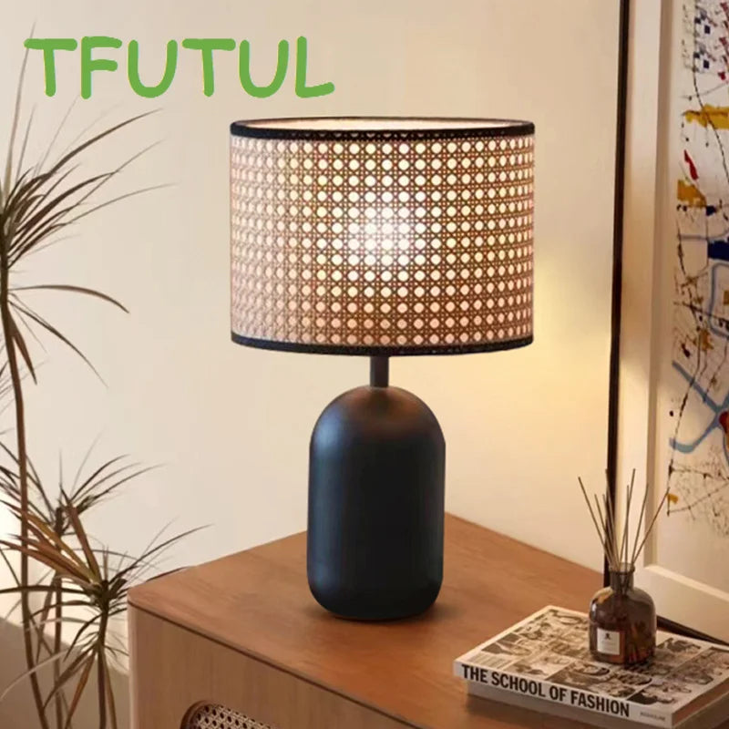 American Vintage Rattan Table Lamp – Creative Bamboo Woven Design, Living Room Decorative Desk Lamp, Bedroom Bedside Lights 