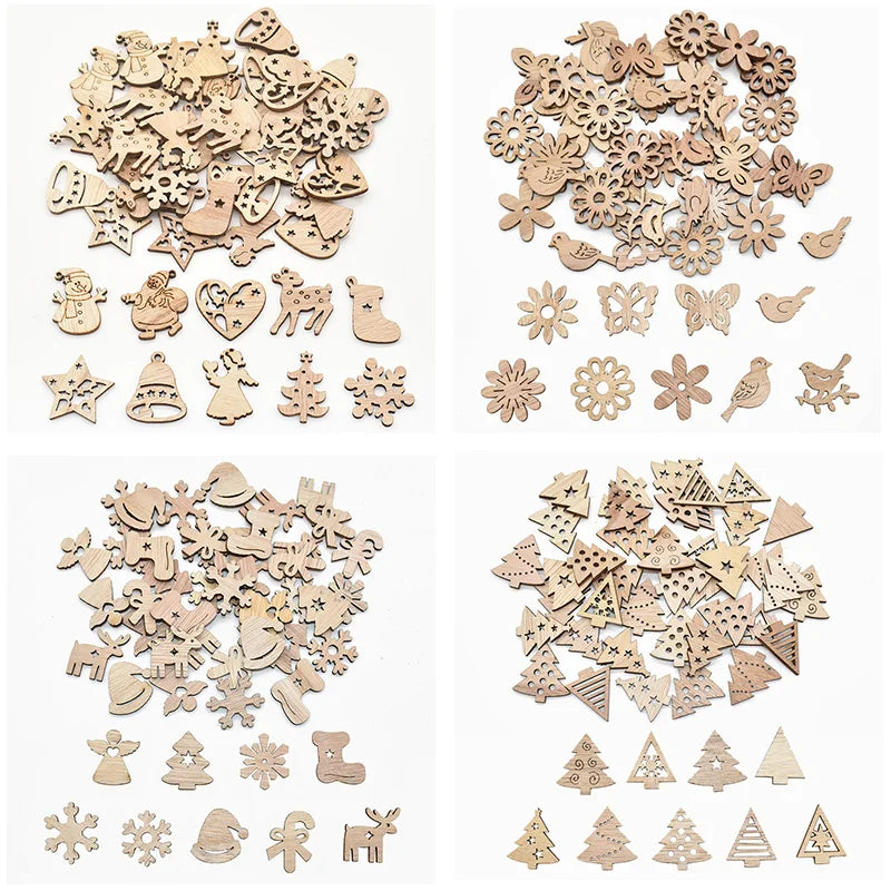 50Pcs Christmas Natural Wooden Chip Santa Claus Snowflake Christmas Tree Hanging Ornaments Pendant Navidad Decoration DIY Craft