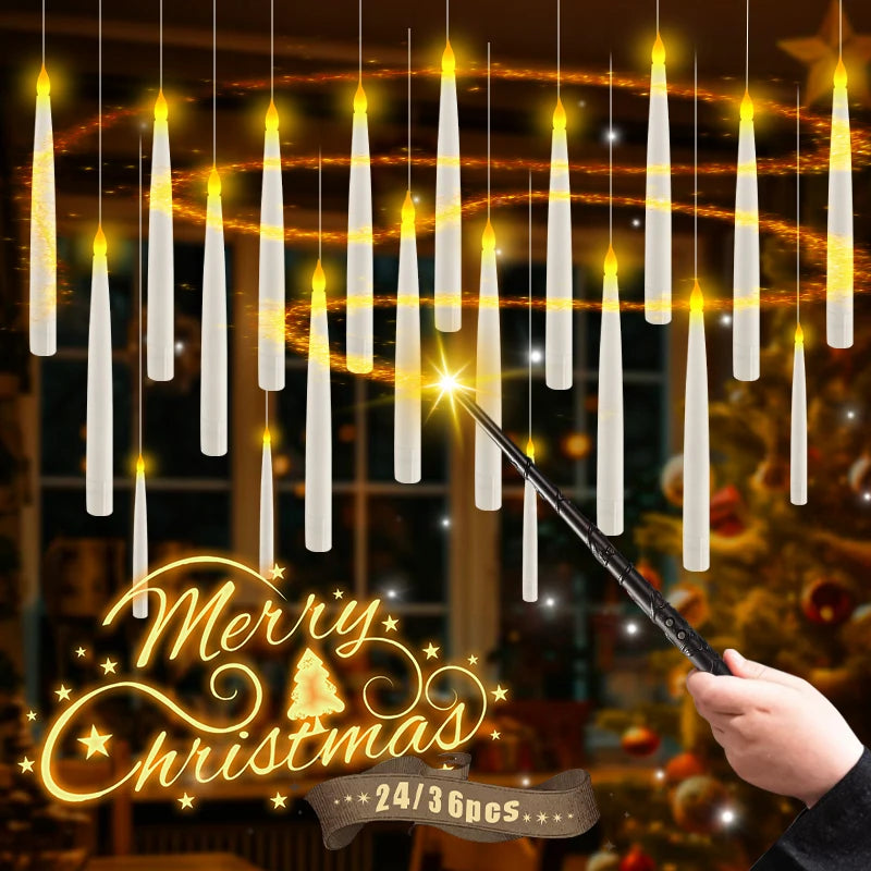 12-60PCS Floating Candles with Wand Magic Flameless Taper Candle Flickering Candlestick Hanging Christmas Decor/Wedding/Party 