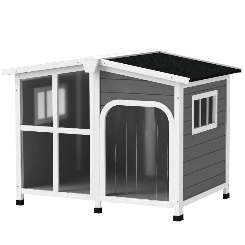 Wooden Dog House, Raised Pet Kennel with Removable Bottom, Openable Asphalt Roof, Door Curtain, Side Windows, Dark Grey