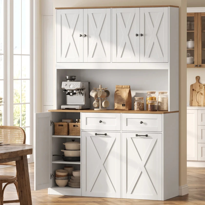 71" Farmhouse Pantry Cabinet with Double Pull-Out Trash Bins and Charging Station – White and Brown