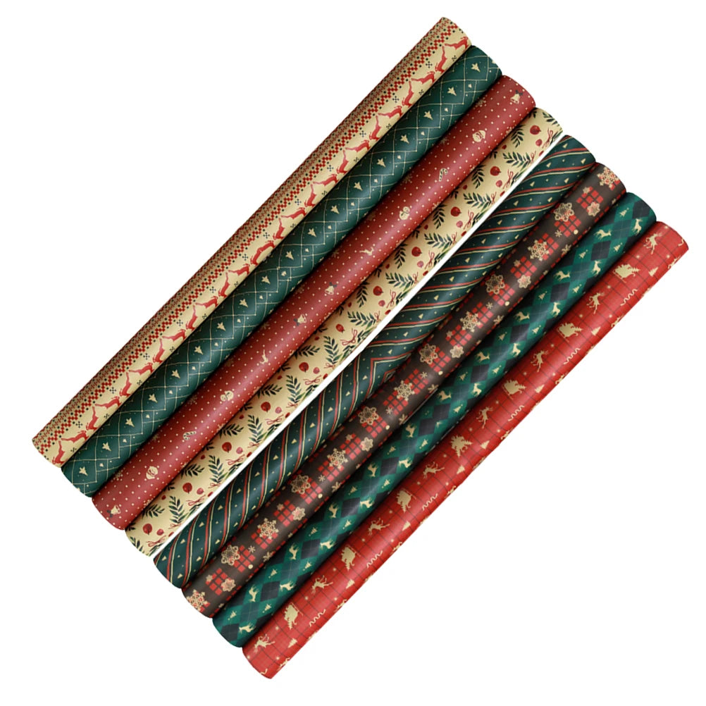 8Pcs Christmas Wrapping Paper DIY Craft Supplies Stripe Gift Yellow Kraft Xmas Present Wrapping Home Festive Party Decoration 