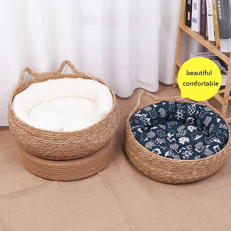 Four Seasons Cat Bed Woven Removable Upholstery Sleeping House Cat Scratch Floor Rattan Washable Cats Pet Products Accessories 