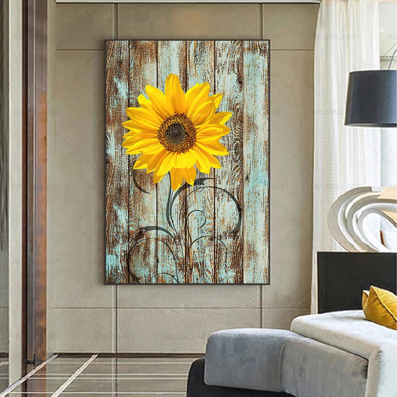 Sunflower on Wood Board Canvas Print - Modern Wall Art for Living Room Decoration (No Frame)