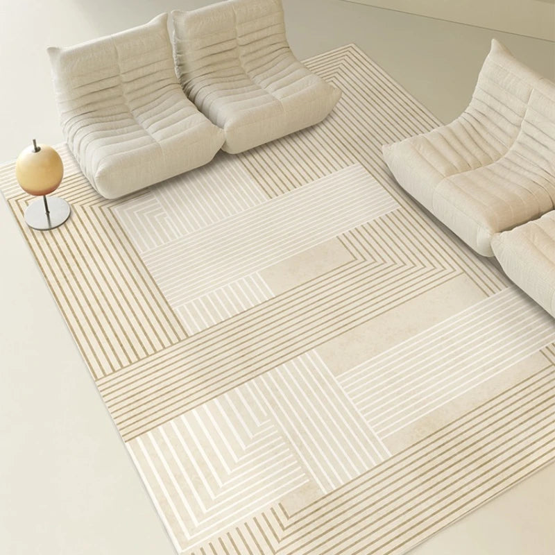 Striped Beige Minimalist Living Room Carpet Customizable Large Size Carpets Comfortable Soft Bedroom Rug Washable Easy Clean Rug