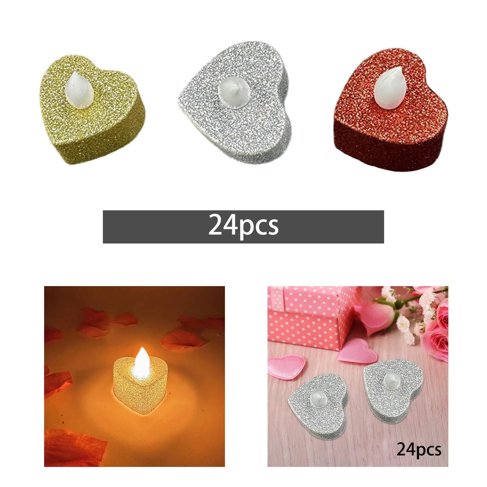 24 Pieces Heart Shape Electronic Flameless Candles 4x4cm Multifunctional Battery Powered for Halloween Christmas Decor Accessory