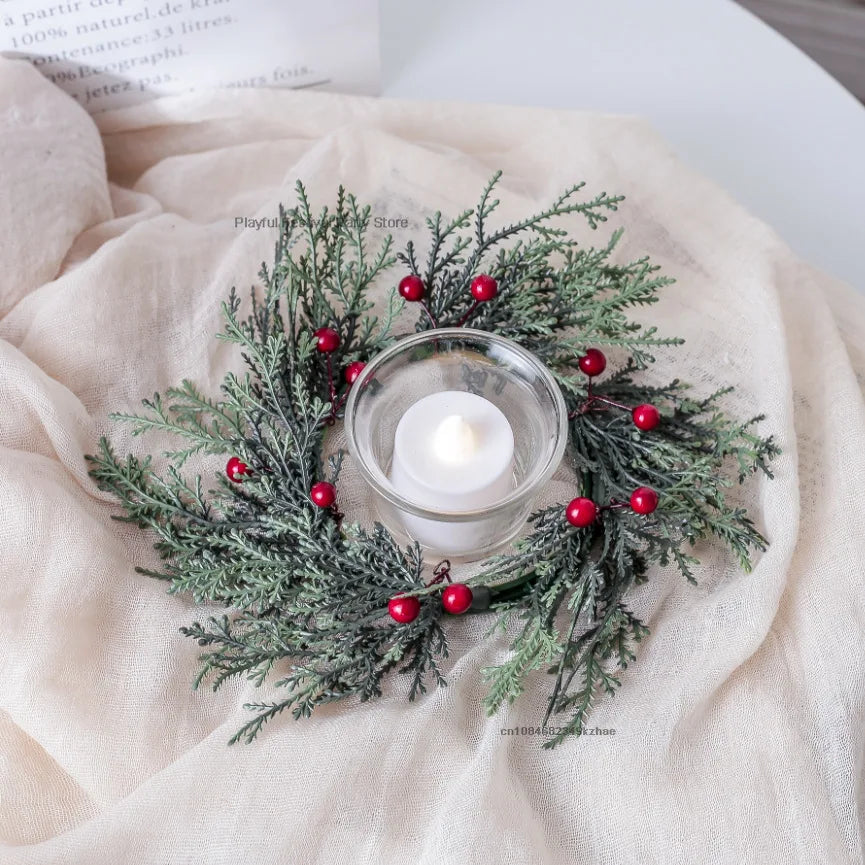 Pine Needle Candlestick Wreath for Christmas Table Decoration Artificial Leaves Candle Ring Candlestick Garland Home Decor