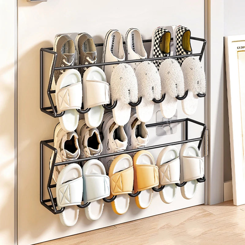 Free Punch Aluminum Slipper Rack Wall Mount Bathroom Bedroom Shoe Hanging Holder Organizer Toilet Wall Door Towel Storage Shelf