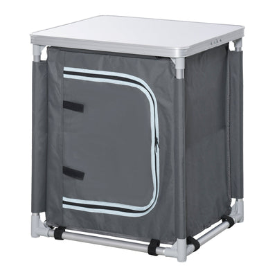 Outsunny Camping Kitchen Station, Aluminum Camping Table Cook Cupboard with 2-Shelf and Carrying Bag for BBQ Party Picnics, Grey 