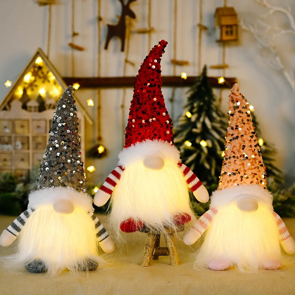 3PCS Christmas Dwarf Christmas Sequins With Lights Rudolph Doll Christmas Desktop Decoration Light Up Faceless Doll Ornament