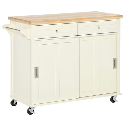 HOMCOM Kitchen Cart on Wheels Rubberwood Top 2 Drawers Towel Rack Cream White Versatile Furniture Storage Rolling Island 