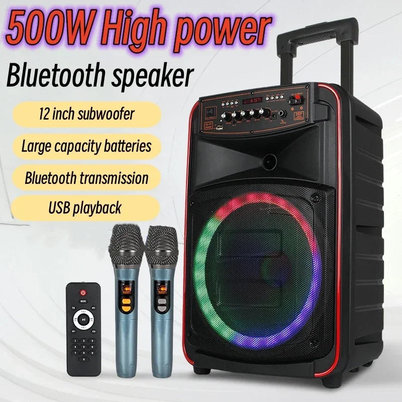 500W High-Power Portable Bluetooth Speaker – Outdoor Karaoke Trolley with Wireless Dual MIC, 3D Surround Sound, Subwoofer