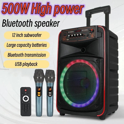 500W High-Power Portable Bluetooth Speaker – Outdoor Karaoke Trolley with Wireless Dual MIC, 3D Surround Sound, Subwoofer 