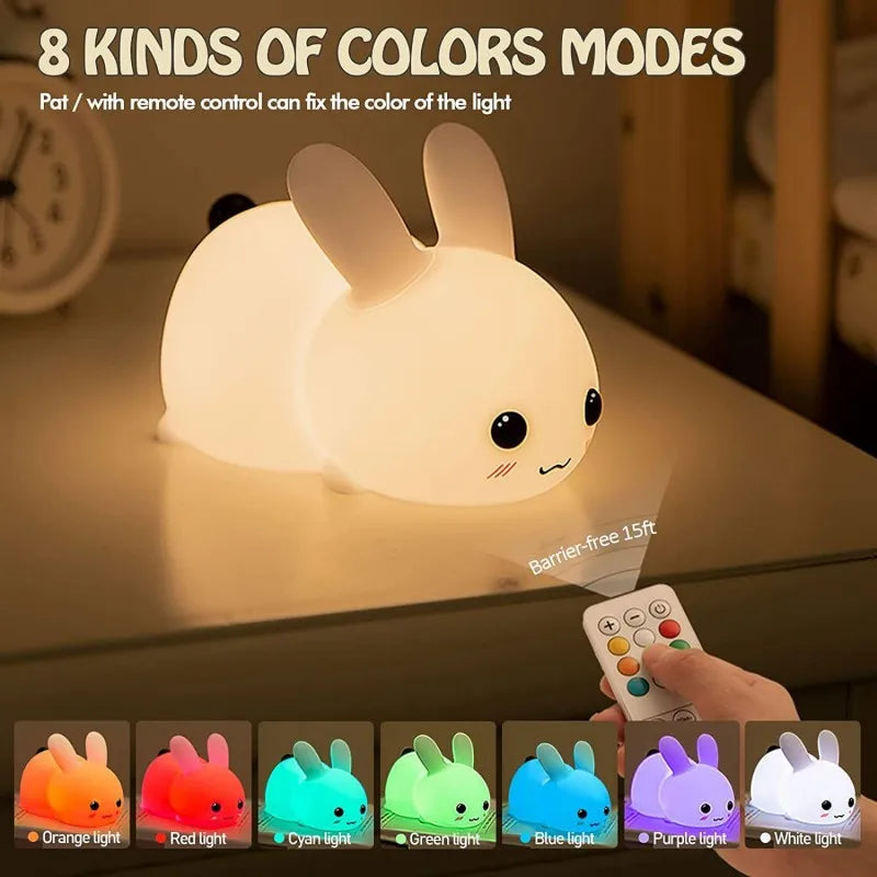 LED Rabbit Night Light with Remote Control - Dimmable RGB Silicone Bunny Lamp, Rechargeable, Touch Sensor, Ideal for Children and Babies