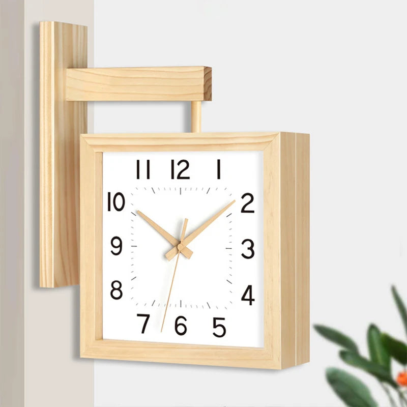 Wooden Double-Sided Wall Clocks – Silent Japanese Style Corner Clocks for Interior Room Decoration & Desk Framework