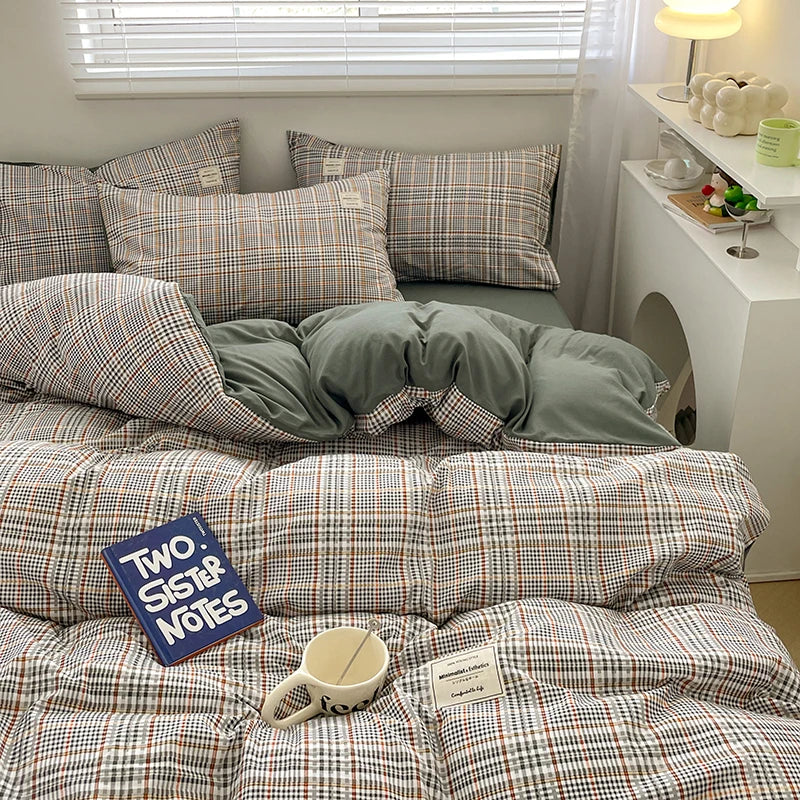 Nordic Plaid Pattern Wash Cotton Bedding Set - Duvet Cover, Pillowcase, Bed Sheet Set, Comforter Cover, Queen & King Size 