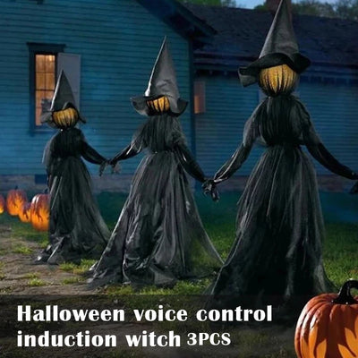 Light-Up Witches with Stakes Halloween Decorations Outdoor Holding Hands Screaming Witches Sound Activated Sensor Decor Dropship 