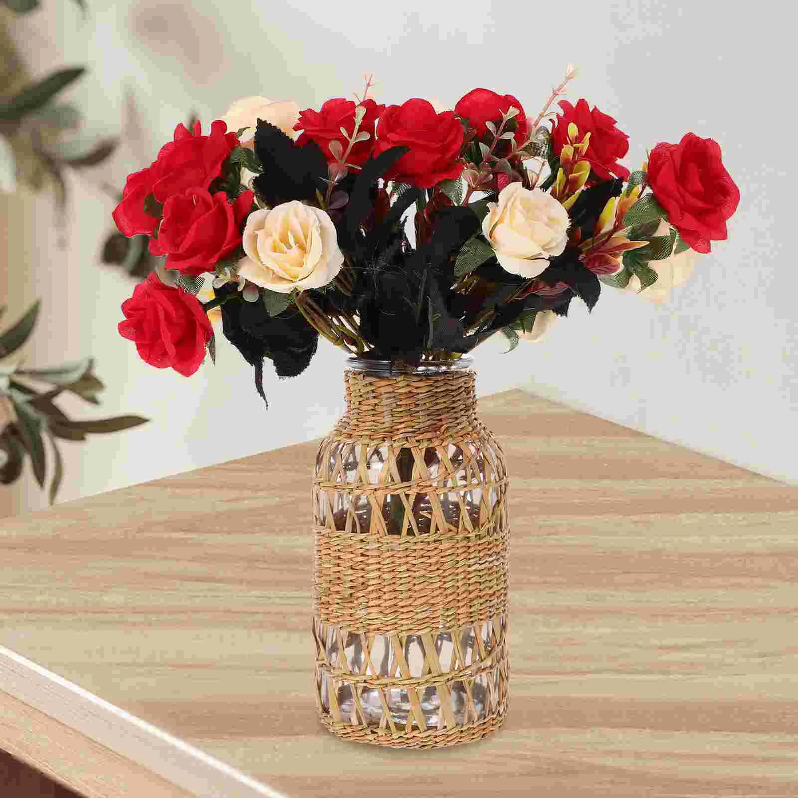 Rattan Glass Vase Boho Decor Desktop Woven Bohemia Plants Container For Countryside Style Flower Vase Table Vase Ornament 