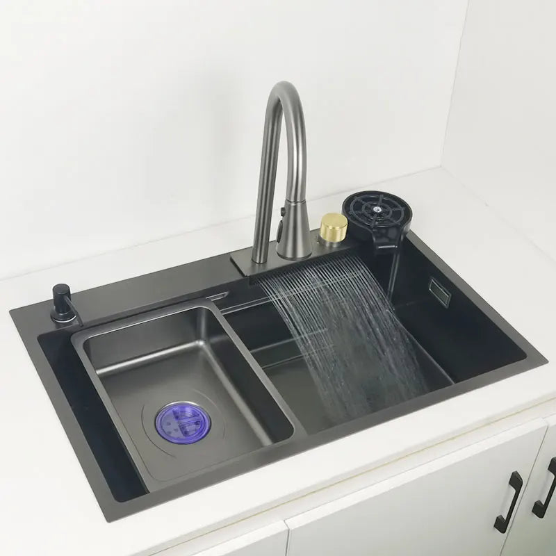 Gun Grey Kitchen Sink with Waterfall Faucet - Nano 304 Stainless Steel, Dark Gray, Topmount Single Bowl with Chopping Board