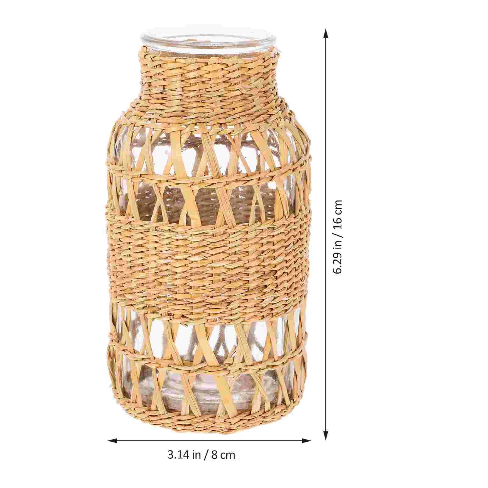 Rattan Glass Vase Boho Decor Desktop Woven Bohemia Plants Container For Countryside Style Flower Vase Table Vase Ornament 