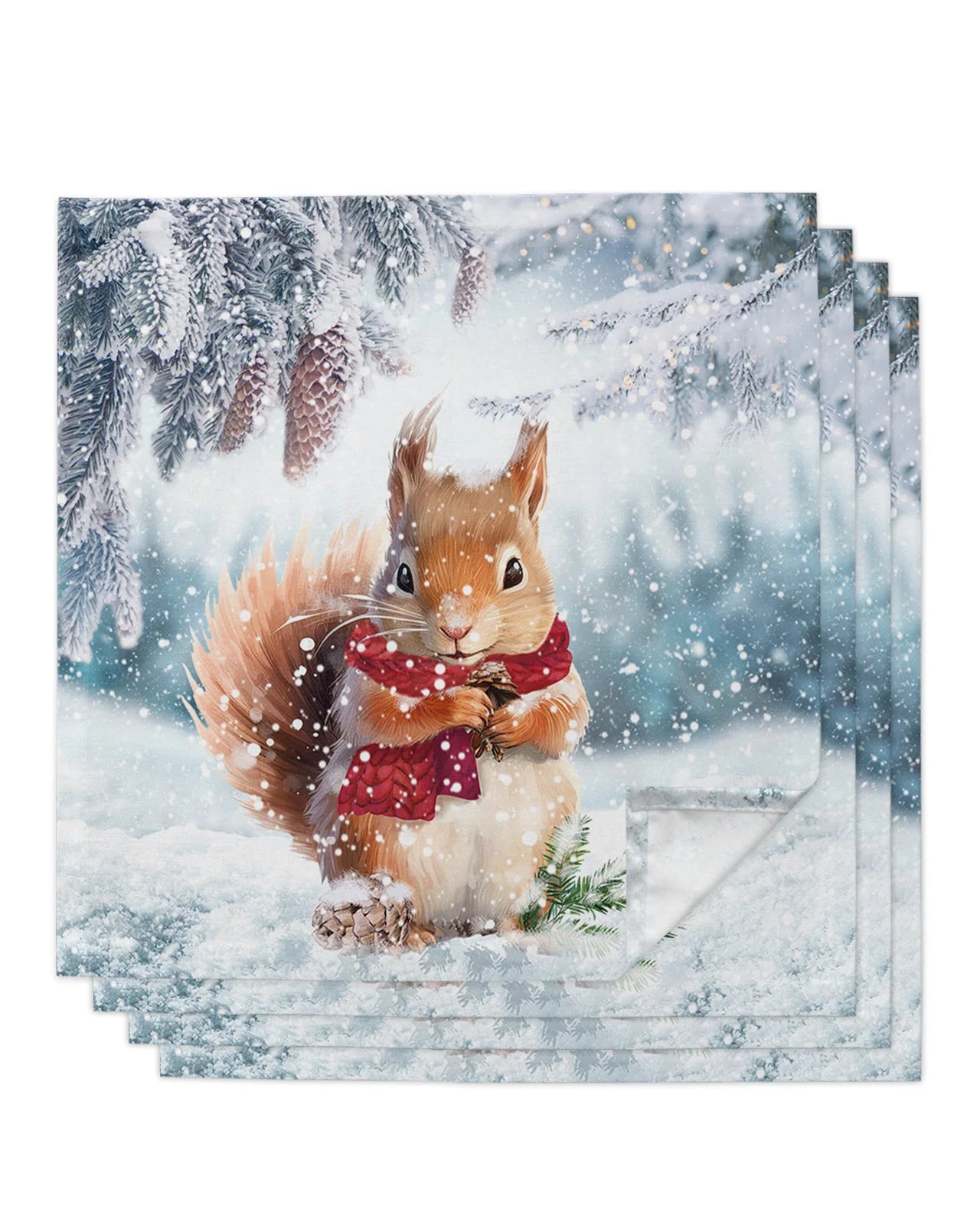 Winter Snow Pine Cone Squirrel Table Napkins Cloth Set Handkerchief Wedding Party Placemat Xmas Banquet Tea Napkins 