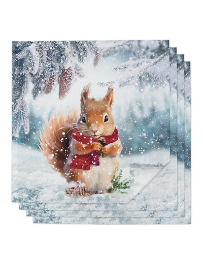Winter Snow Pine Cone Squirrel Table Napkins Cloth Set Handkerchief Wedding Party Placemat Xmas Banquet Tea Napkins 