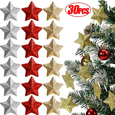 6/30PCS Pentagram Christmas Hanging Pendant Silver Gold Glitter Star Xmas Tree Ornament Festive Wedding Party Home Decoration 