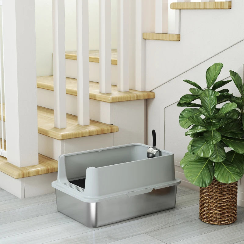 XL Stainless Steel Cat Litter Box for Big and Multiple Cats with High Wall Side, Scoop, Easy Cleaning & Odor Free