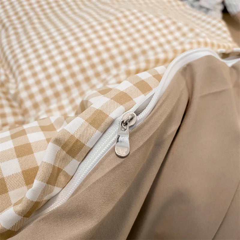 3/4Pcs Microfiber Duvet Cover Set – Brushed Washed Cotton Fabric, Double, Queen, King, Plaid Quilt Cover, Fitted Sheet Bedding Set 
